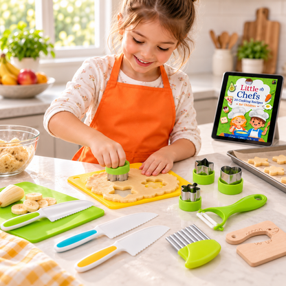 Child cooking in the kitchen with the CulinaPlay Little Chef Kit